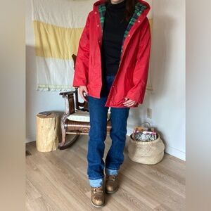 Vintage red rain jacket with plaid cotton lining
